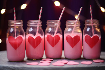 Pink fruit milkshake bottles with hearts and drinking straws