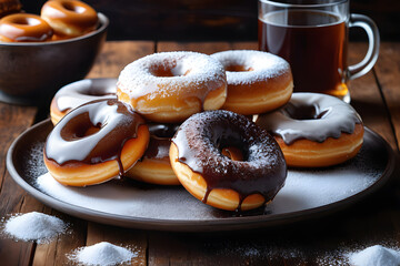 Donuts and coffee sprinkled with sugar powder. Generative AI