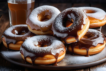 Donuts and coffee sprinkled with sugar powder. Generative AI