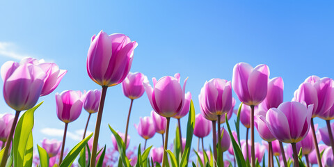 Purple spring tulip flowers with blue sky in background