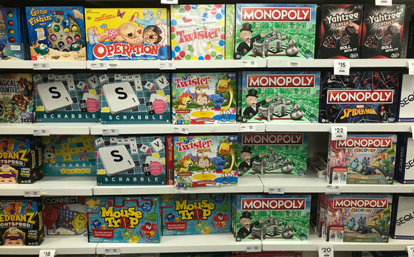South Australia, Australia &ndash; Circa December, 2023: Selection of popular games including Monopoly, Twister, Mouse Trap, Scrabble and Yahtzee on department store shelves