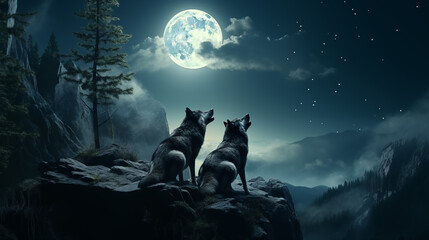 Wolf with beautiful moon at night. Concept of the world of animals and wildlife. - obrazy, fototapety, plakaty