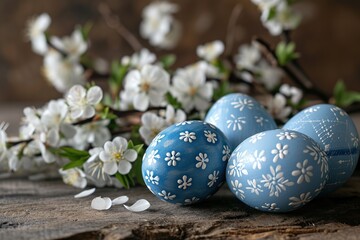 Happy easter template with blue, white rustic floral eggs, dotted background