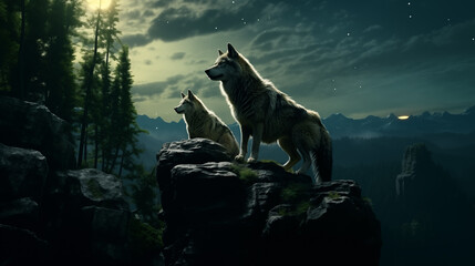 Wolf with beautiful moon at night. Concept of the world of animals and wildlife.