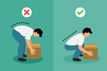 Lifting technique ergonomic for correct posture preventing back pain. Flat design illustration.