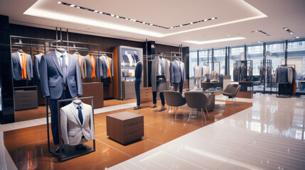 Interior of stylish atelier with tailor workplace, mannequin and rack - obrazy, fototapety, plakaty