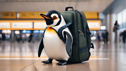 A penguin with a backpack and a boarding pass in the airport