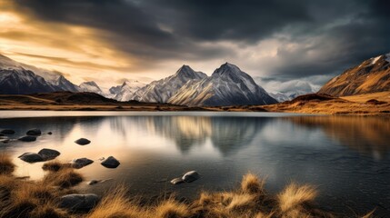 Lake with a snow-capped mountain backdrop