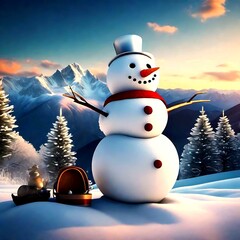 Obraz premium Snowman Winter Landscape Snow santa. Snowman in a winter landscape, adorned with a black hat and red scarf