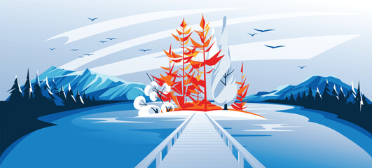 wooden path on the island on the mountains of the lake. Winter calm landscape. Orange pines. Vector flat illustration. Tourism. - obrazy, fototapety, plakaty
