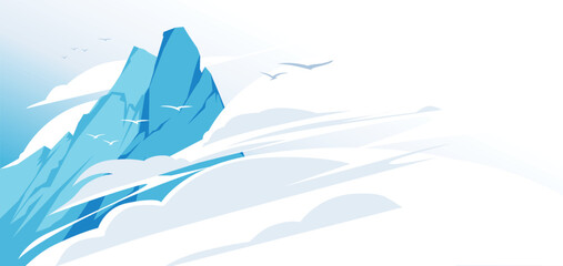 Mountains among the clouds landscape landscape. Web banner or site header. Blue and white. Vector flat illustration