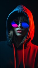 Portrait of serious fashionable young girl with plump lips, hood on her head, wearing black sweater, round sunglasses posing in red and blue neon lighting in studio. Close up.