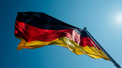 German flag billowing with sun backlighting.
