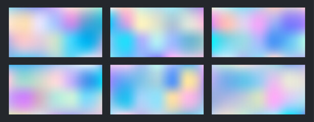 Set of gradient backgrounds. Vector, dreamy backdrop, neon design element. Fashionable holographic defocused texture. Digital gradient paper in Funky Cool Tech style.