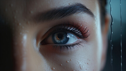 A Close-up of a Moistened Human Eye Reflecting Light
