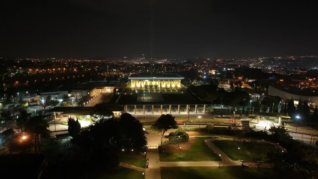 Aerial view over Knesset parliament in Jerusalem, Night view

Drone view from Israel Capital Jerusalem parliament, 2024
