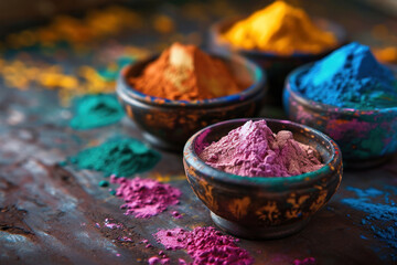 Colorful Happy Holi background. Colored holi powders in a bowls