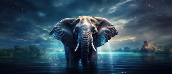 An Elephant Emerges from the Waters Under a Starlit Sky