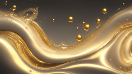 Gold Luxury swirls waves on Gray background. Shiny golden sparkling water droplets backdrop