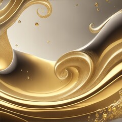 Gold Luxury swirls waves on Gray background. Shiny golden sparkling water droplets backdrop