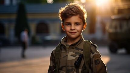 Smiling boy wearing army uniform