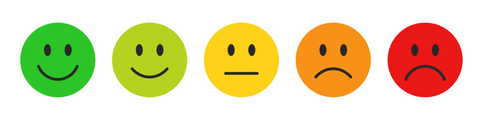 Rating emojis set in different colors. Feedback emoticons collection. Very happy, happy, neutral, sad and very sad emojis. Flat icon set of rating and feedback emojis icons in various colors.