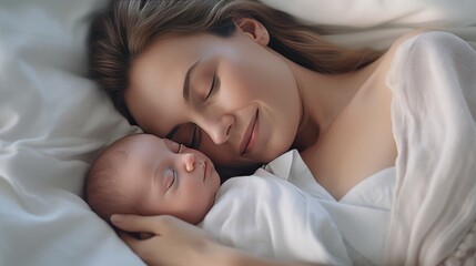 A young mom holds her newborn baby in her arms and sleep. Happy motherhood. A mother's love. Birth of a child. breastfeeding