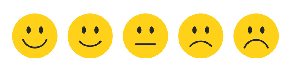 Rating emojis set in yellow color. Feedback emoticons collection. Very happy, happy, neutral, sad and very sad emojis. Flat icon set of rating and feedback emojis icons in yellow color. - obrazy, fototapety, plakaty