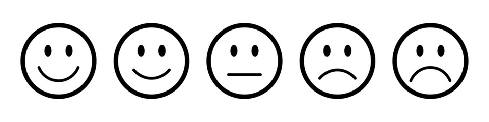 Rating emojis set in black with outline. Feedback emoticons collection. Very happy, happy, neutral, sad and very sad emojis. Flat icon set of rating and feedback emojis icons in black with outline.