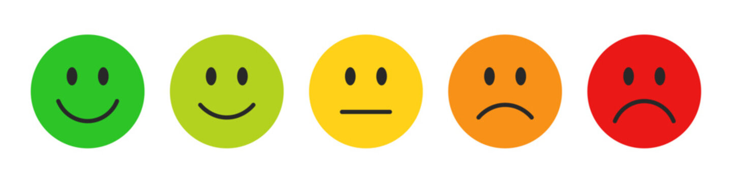 Rating emojis set in different colors. Feedback emoticons collection. Very happy, happy, neutral, sad and very sad emojis. Flat icon set of rating and feedback emojis icons in various colors.