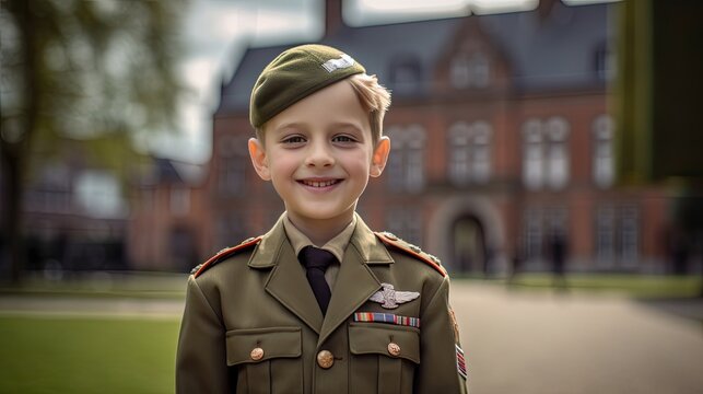 Smiling boy wearing army uniform