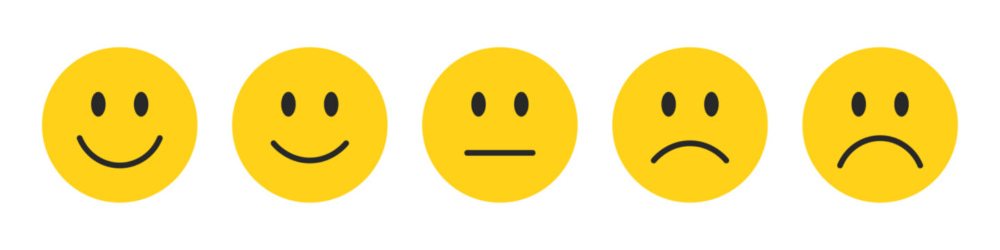 Rating emojis set in yellow color. Feedback emoticons collection. Very happy, happy, neutral, sad and very sad emojis. Flat icon set of rating and feedback emojis icons in yellow color.