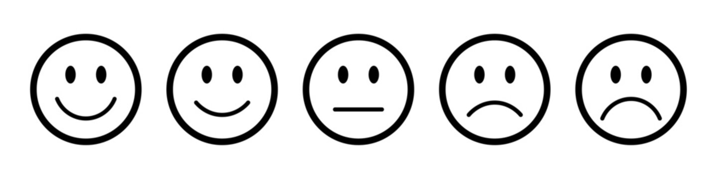 Naklejki Rating emojis set in black with outline. Feedback emoticons collection. Very happy, happy, neutral, sad and very sad emojis. Flat icon set of rating and feedback emojis icons in black with outline.