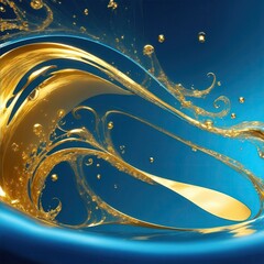 Gold Luxury swirls waves on Blue background. Shiny golden sparkling water droplets backdrop