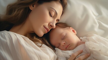 A young mom holds her newborn baby in her arms and sleep. Happy motherhood. A mother's love. Birth of a child. breastfeeding