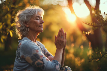 senior woman practicing yoga and meditation outdoor