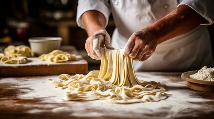 Close up cropped photo of process of making homemade pasta. Man wearing chef uniform cooking fresh italian traditional pasta. Food, profession concept. - obrazy, fototapety, plakaty