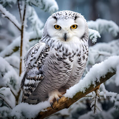 A snowy owl perched on a branch in a winter forest.