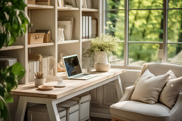 Cozy home office interior with laptop on desk, bookshelves, comfortable armchair, and greenery by a sunny window, illustrating remote work or freelancer lifestyle concept