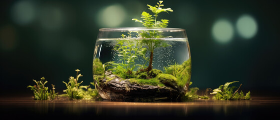 Lush Green Aquatic Plants Thriving in a Glass Bowl Terrarium