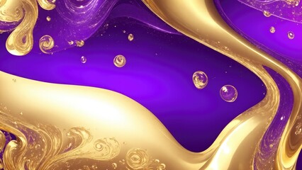 Gold Luxury swirls waves on Purple background. Shiny golden sparkling water droplets backdrop