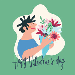 Happy Valentines Day greeting card with hand drawn man or woman with a bouquet of flowers and lettering