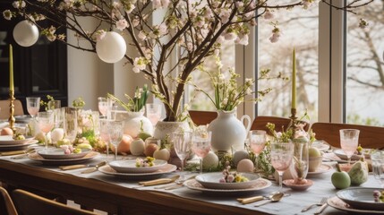 Interior design of easter dining room with colorful easter eggs, vase with flowers, candles,...