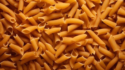 Penne pasta background. Texture top view. Food preparation. Uncooked whole grain pasta.