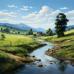 Fototapeta na wymiar A tranquil river winding through a peaceful countryside.