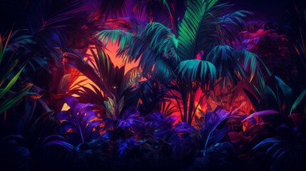 Modern layout with tropical colorful leaves in the dark night background. Exotic palms and plants...
