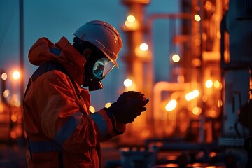 A maintenance technician who is conducting a safety inspection using a gas leak detector at an industrial site. generative AI