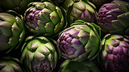 Obraz premium close up horizontal view of a bunch of artichokes AI generated