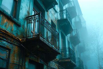 Emerald Haze: Foggy High-Rise Balcony View