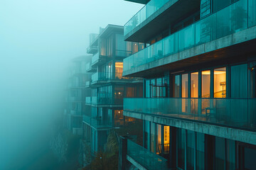 Aerial Fog Embrace: Green-Toned Cityscape Balcony